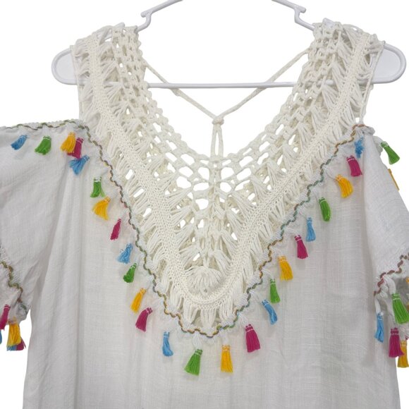 Ten Design White Crochet Tassel Coverup Dress SZ S Colorful Fringe Semi Sheer - Picture 3 of 12